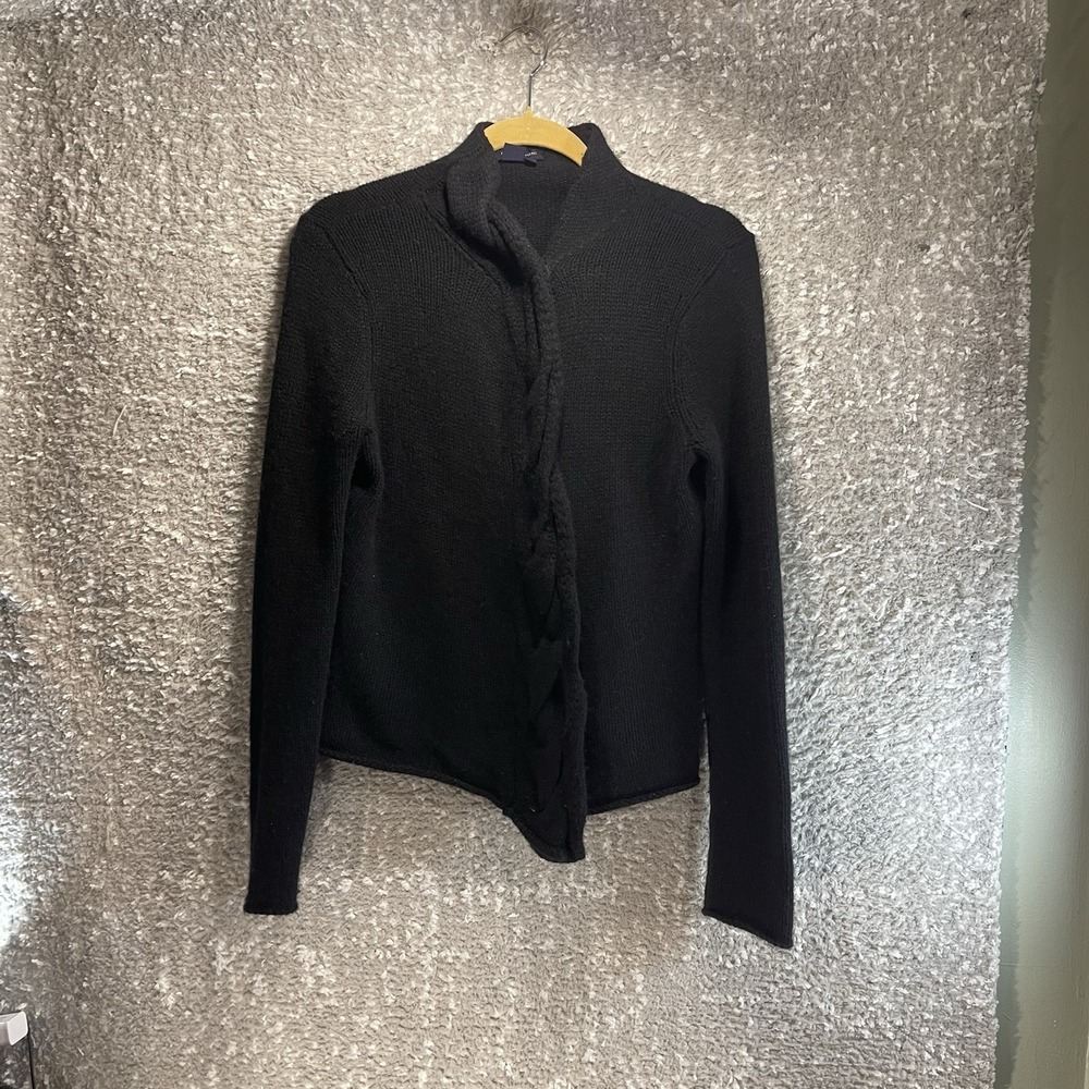 Magaschoni 100% Cashmere Cardigan Black Snap Braided Button‎ Up Luxury Old Money